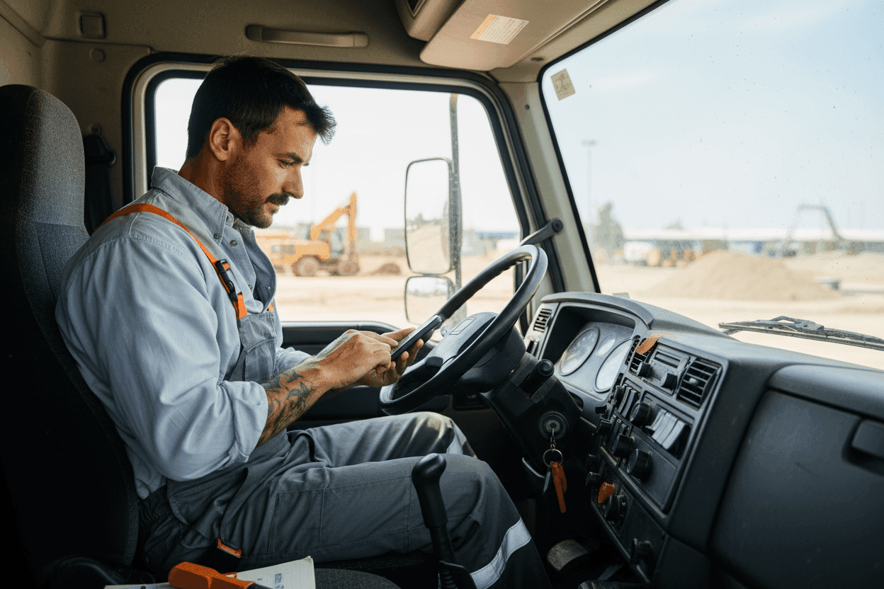 Man on phone in work truck